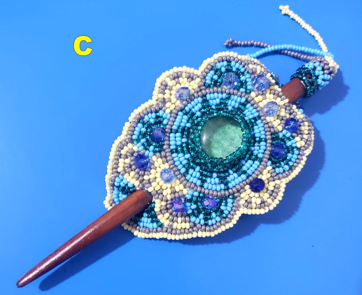 Czech Seed Bead Hair Clip Barrette: Guatemalan Leather & Wood
