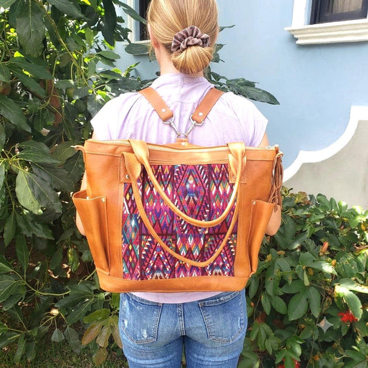 Huipil Leather Convertible BACKPACK, Mayan GEOMETRIC Pattern Bag, Adjustable Purse