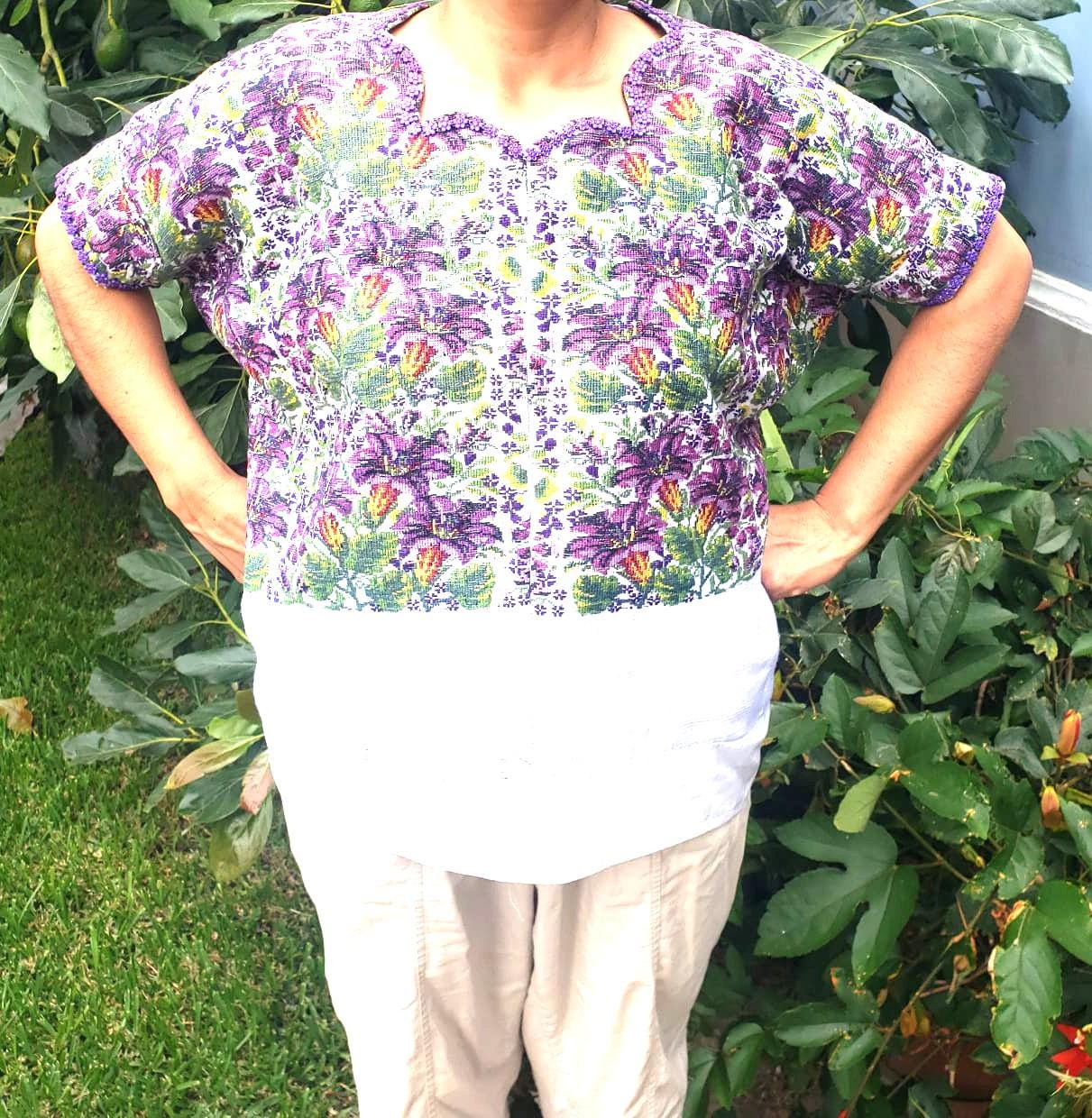 Handmade Weaved WHITE Cotton Huipil, "Mayan Floral" Style, TECPAN Tunique