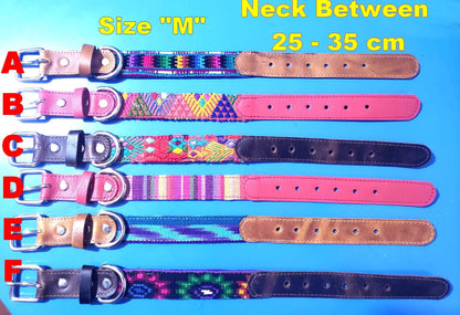 Authentic Handmade Leather and Textile DOG Collar, Colorful Woven PET Collar
