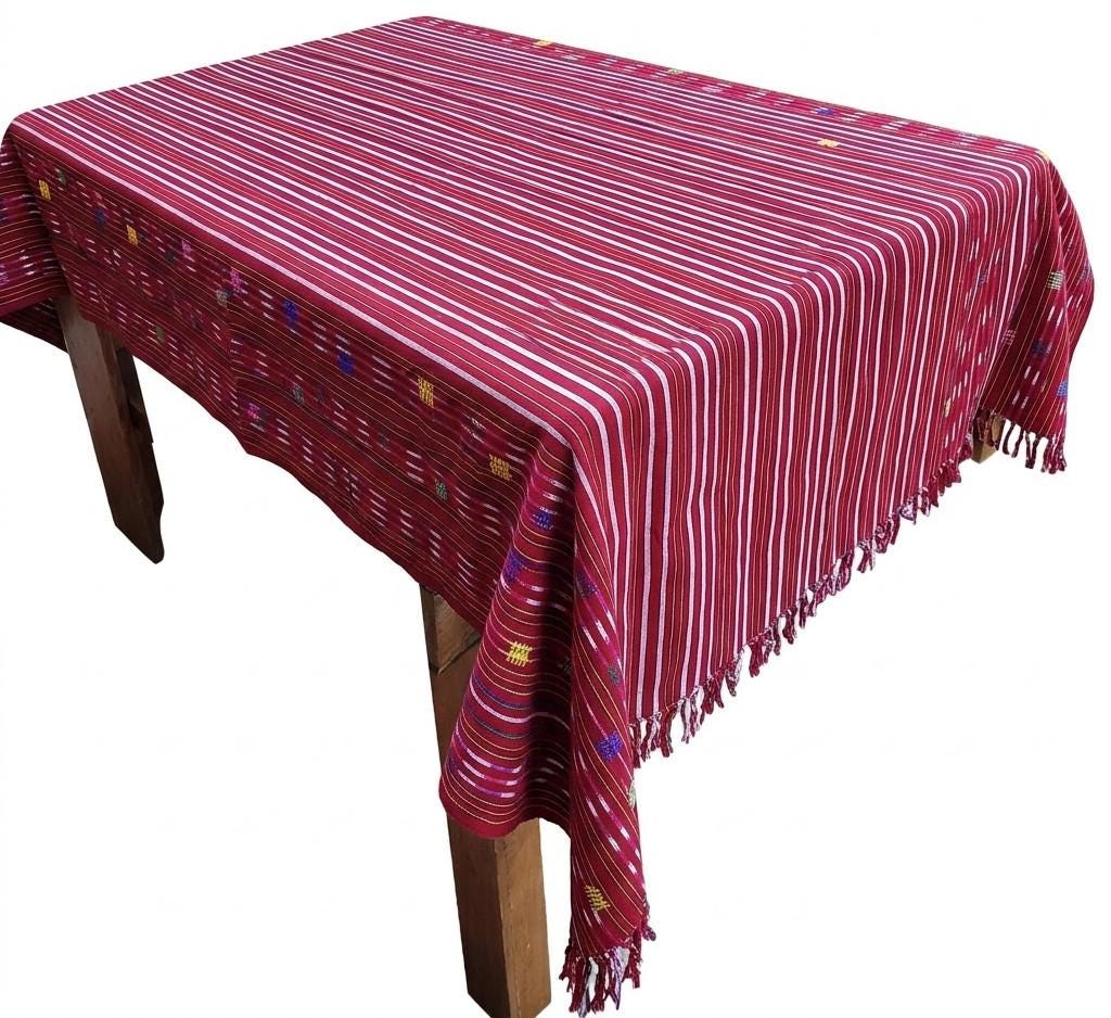 Solola Cotton Handwoven Burgundy Tablecloth With Fringes 56x76 inches