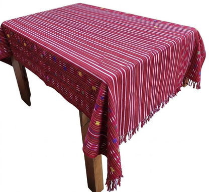 Solola Cotton Handwoven Burgundy Tablecloth With Fringes 56x76 inches
