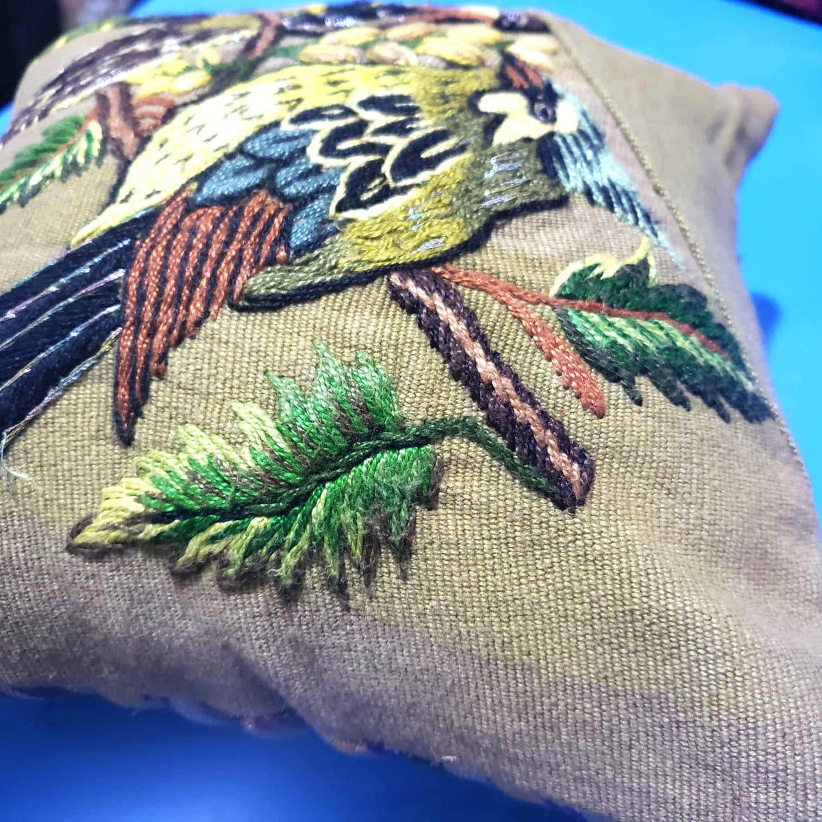 MINI Guatemala Hand Embroidery Pillow, PARAKEETS Couple Embroidery Cushion 8x8, Olive Green Birds Pillow Case