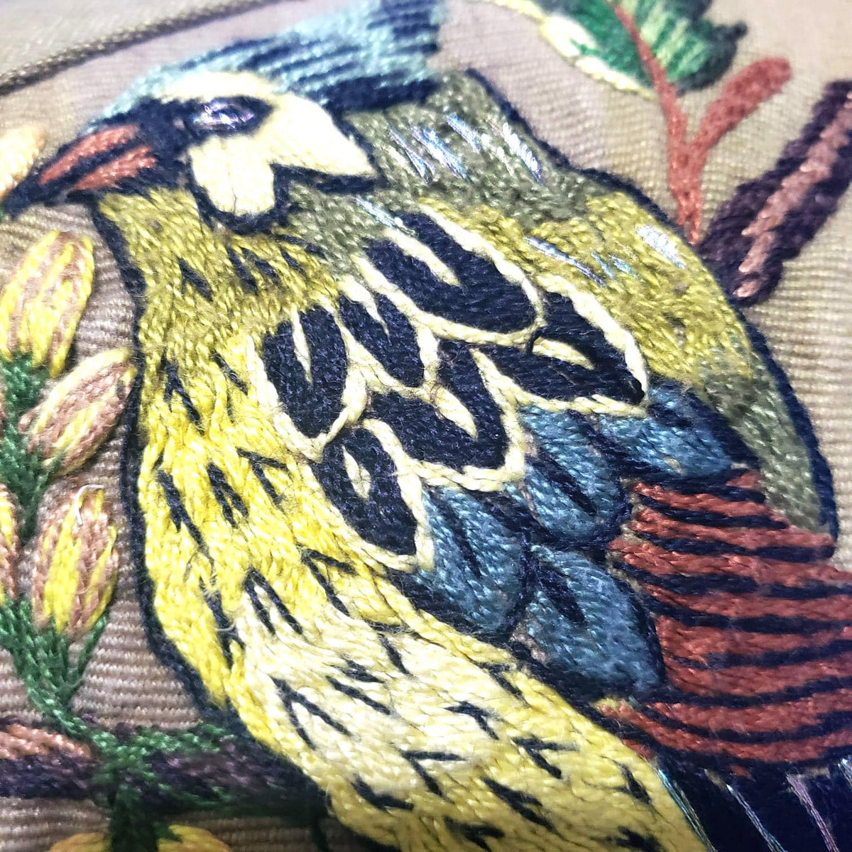 MINI Guatemala Hand Embroidery Pillow, PARAKEETS Couple Embroidery Cushion 8x8, Olive Green Birds Pillow Case