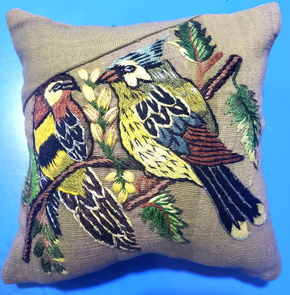 MINI Guatemala Hand Embroidery Pillow, PARAKEETS Couple Embroidery Cushion 8x8, Olive Green Birds Pillow Case