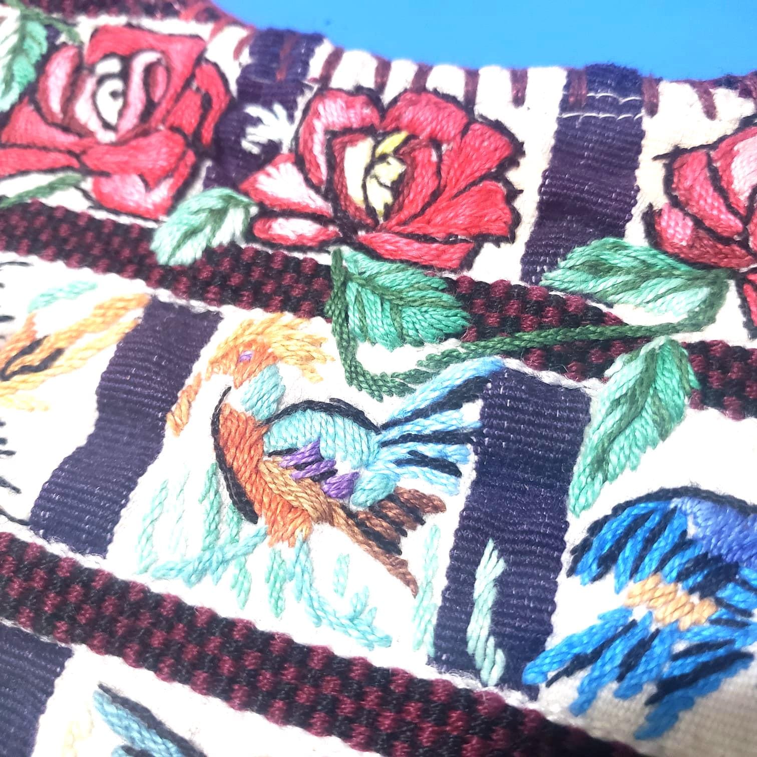 Vintage Handmade EMBROIDERED Parrots SANTIAGO Atitlan Huipil Cotton Wall Decor Tapestry