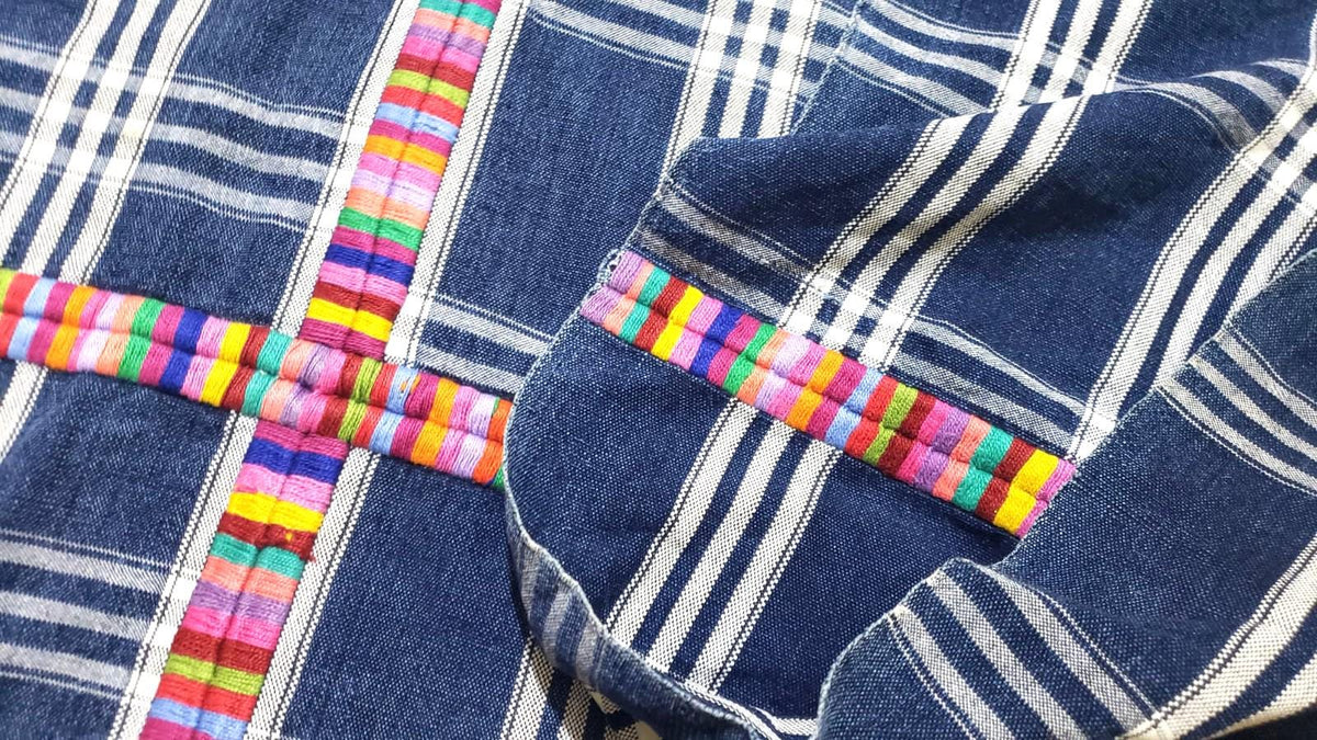 Vintage Guatemalan Cotton Corte Fabric: Hand-Embroidered Indigo Woven Textile