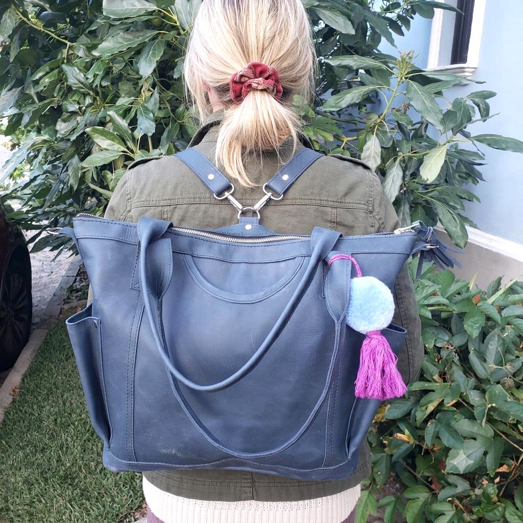 Convertible Backpack Crossbody Day Bag, Diaper Genuine Marbled BLUE Leather Color, Gift For Her