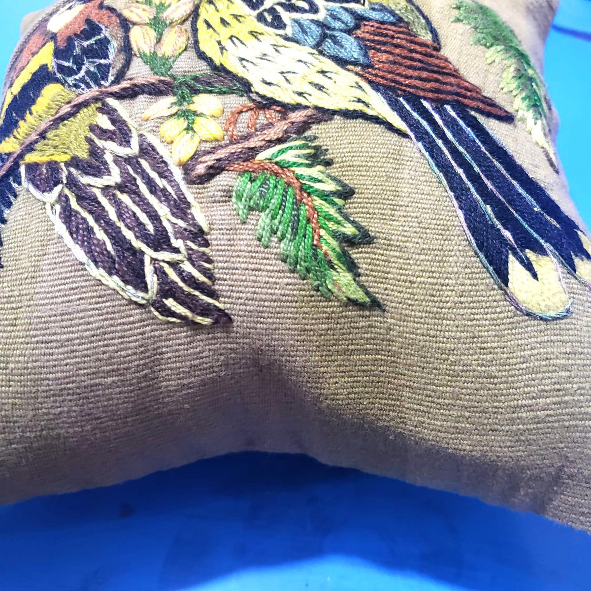 MINI Guatemala Hand Embroidery Pillow, PARAKEETS Couple Embroidery Cushion 8x8, Olive Green Birds Pillow Case