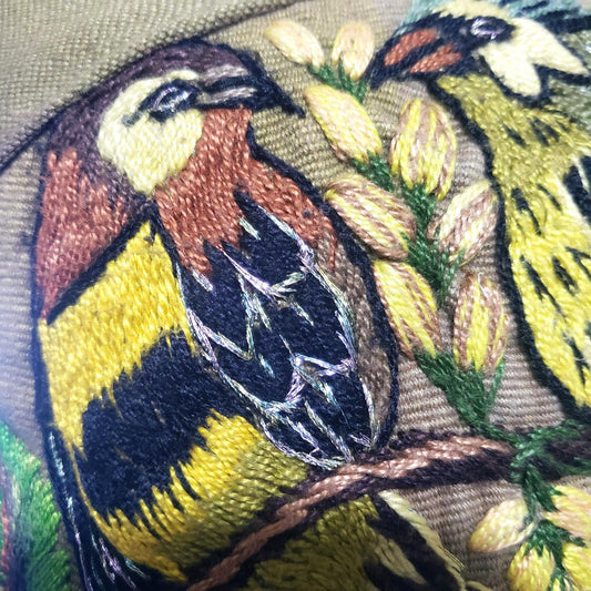 MINI Guatemala Hand Embroidery Pillow, PARAKEETS Couple Embroidery Cushion 8x8, Olive Green Birds Pillow Case