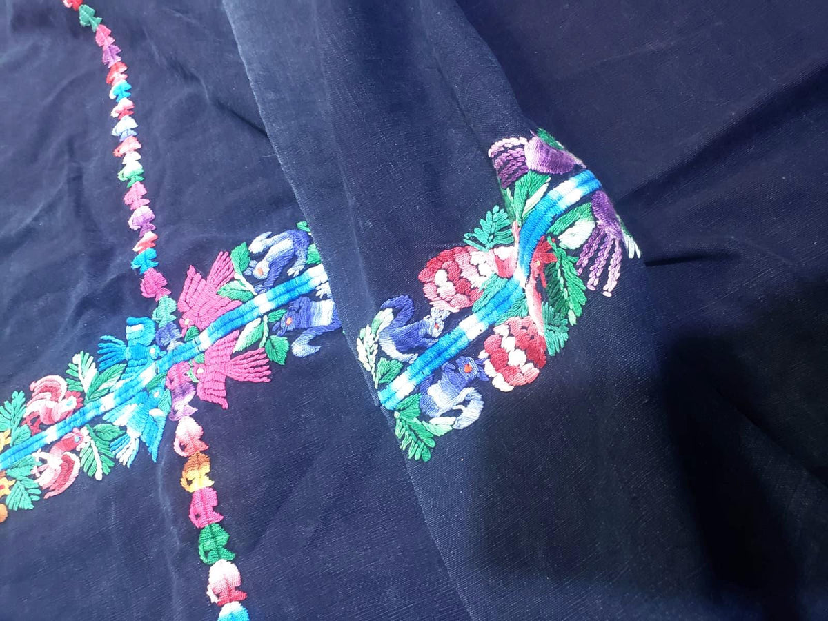 GUATEMALAN XENACOJ Denim Cotton Corte FABRIC Per Yard - Vintage Embroidered Hand Woven Fabric