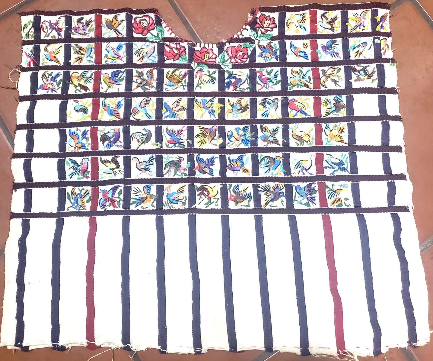Vintage Handmade EMBROIDERED Parrots SANTIAGO Atitlan Huipil Cotton Wall Decor Tapestry