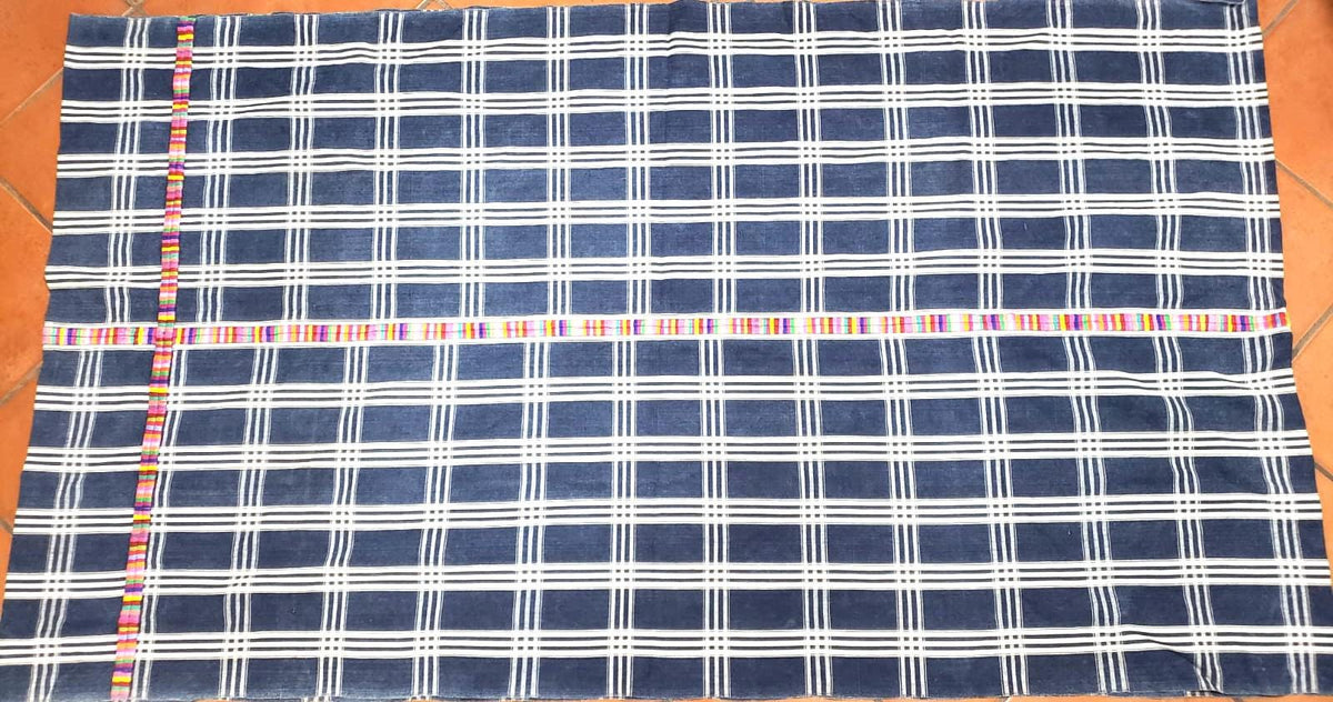 Vintage Guatemalan Cotton Corte Fabric: Hand-Embroidered Indigo Woven Textile
