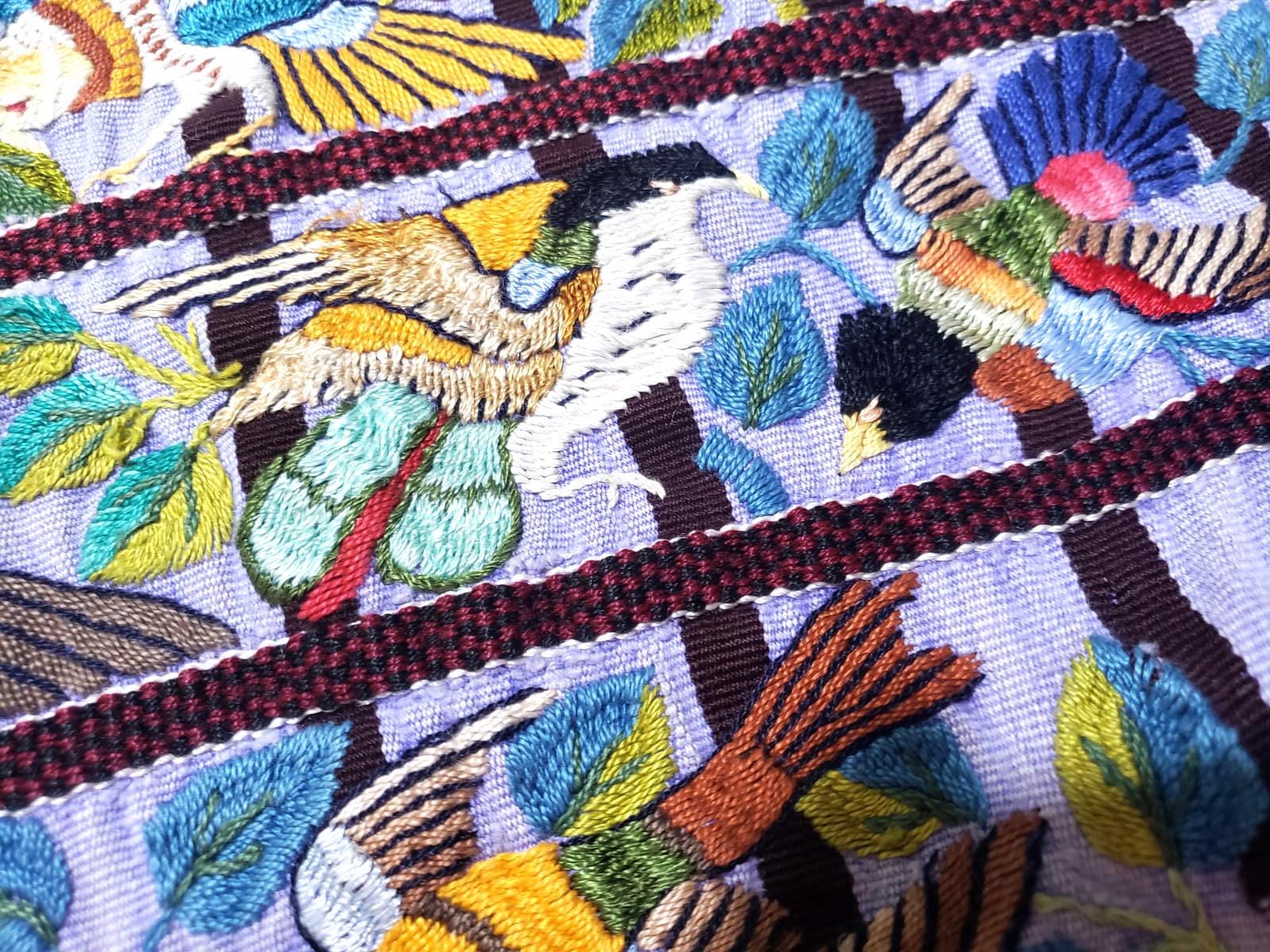 Handmade Purple EMBROIDERED Guatemalan Santiago Atitlan COTTON WALL "Mayan Bird Family" Tapestry