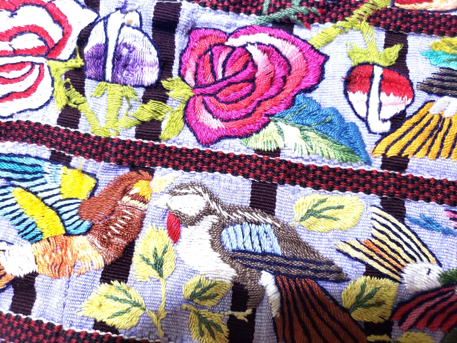 Handmade Purple EMBROIDERED Guatemalan Santiago Atitlan COTTON WALL "Mayan Bird Family" Tapestry