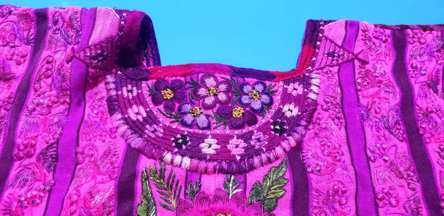 Vintage FUCHSIA Handmade Embroidered FLORAL And BIRDS Santiago Atitlan Huipil Cotton Wall Decor Tapestry