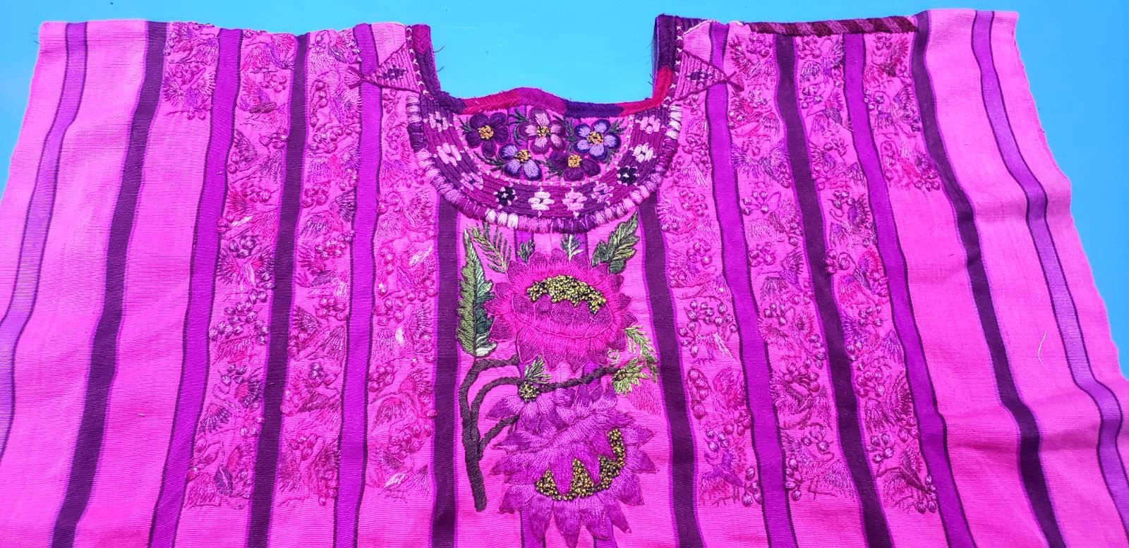 Vintage FUCHSIA Handmade Embroidered FLORAL And BIRDS Santiago Atitlan Huipil Cotton Wall Decor Tapestry