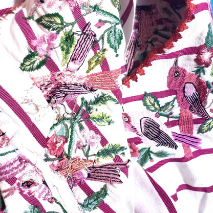 Vintage WHITE Handmade Embroidered BIRDS Santiago Atitlan Huipil Cotton Wall Decor Tapestry