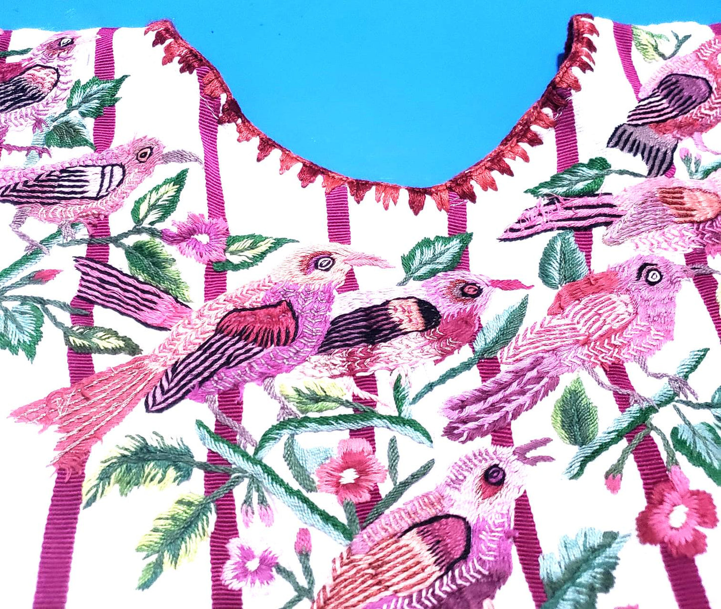 Vintage WHITE Handmade Embroidered BIRDS Santiago Atitlan Huipil Cotton Wall Decor Tapestry