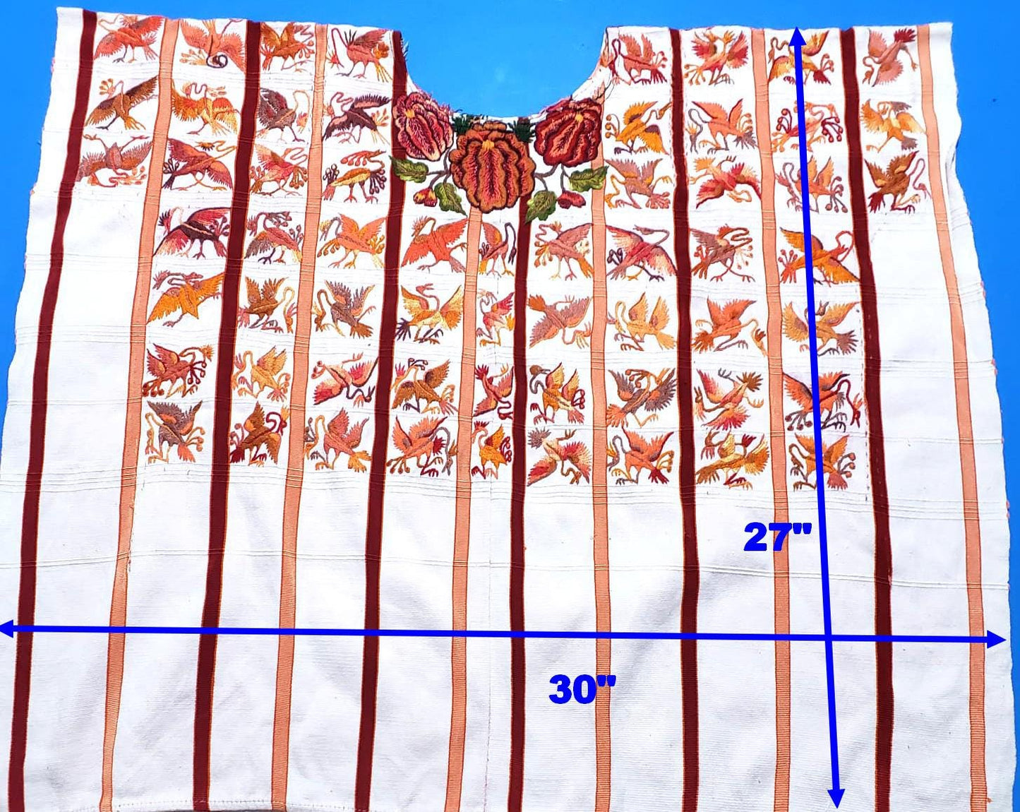 Vintage WHITE Handmade Embroidered BIRDS Santiago Atitlan Huipil Cotton Wall Decor Tapestry