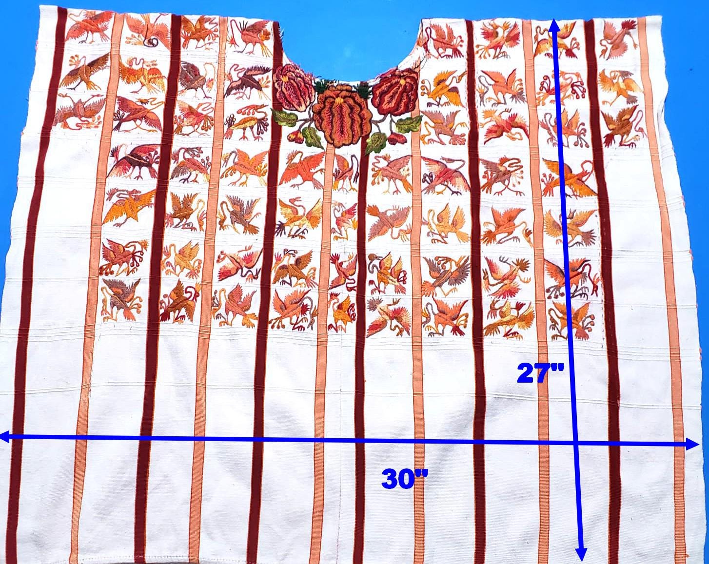 Vintage WHITE Handmade Embroidered BIRDS Santiago Atitlan Huipil Cotton Wall Decor Tapestry