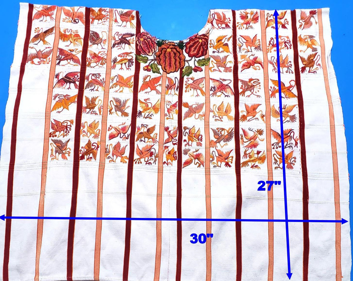 Vintage WHITE Handmade Embroidered BIRDS Santiago Atitlan Huipil Cotton Wall Decor Tapestry