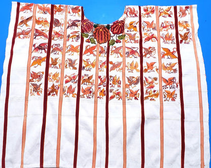 Vintage WHITE Handmade Embroidered BIRDS Santiago Atitlan Huipil Cotton Wall Decor Tapestry