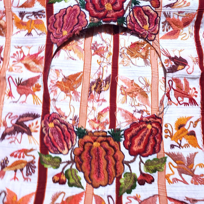 Vintage WHITE Handmade Embroidered BIRDS Santiago Atitlan Huipil Cotton Wall Decor Tapestry
