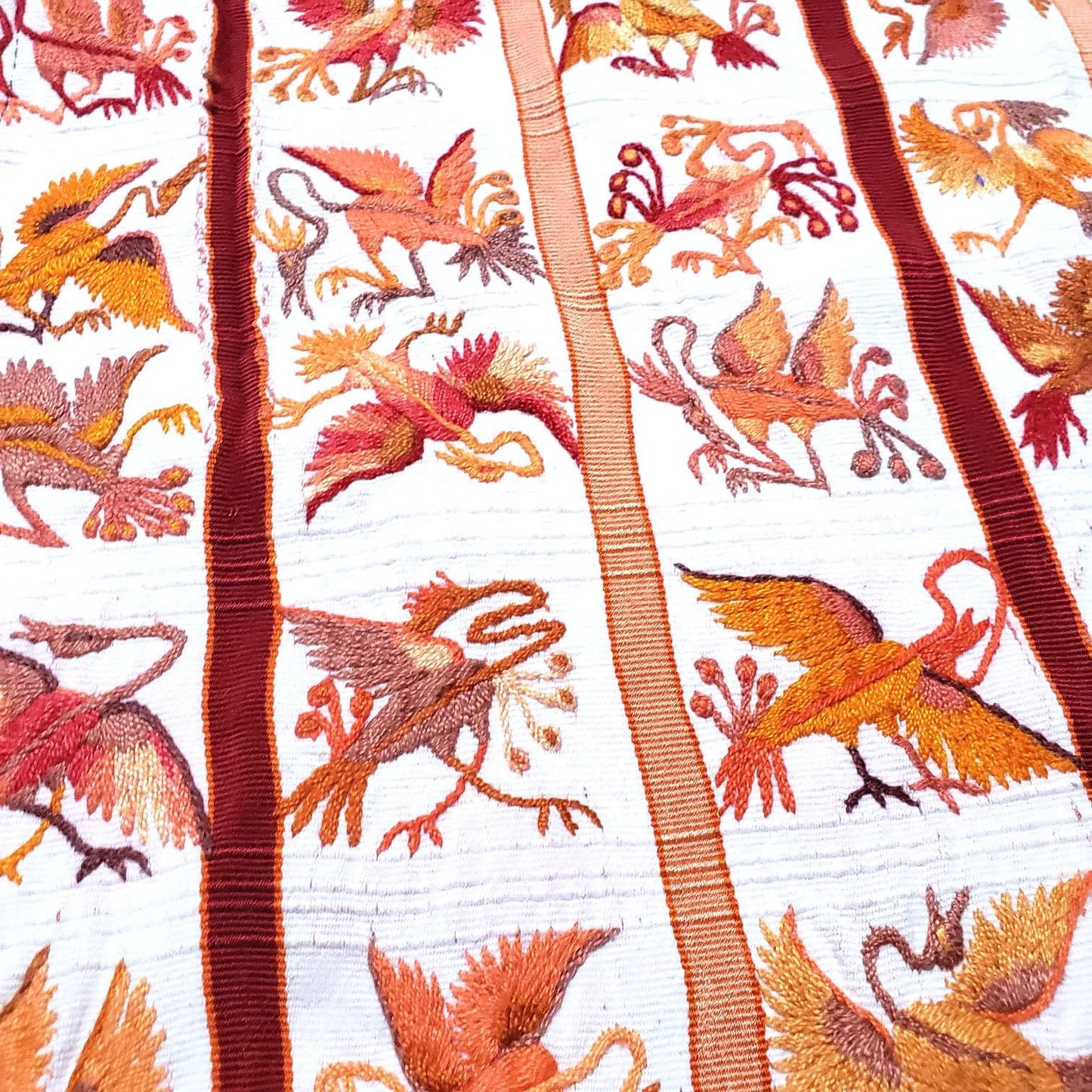 Vintage WHITE Handmade Embroidered BIRDS Santiago Atitlan Huipil Cotton Wall Decor Tapestry