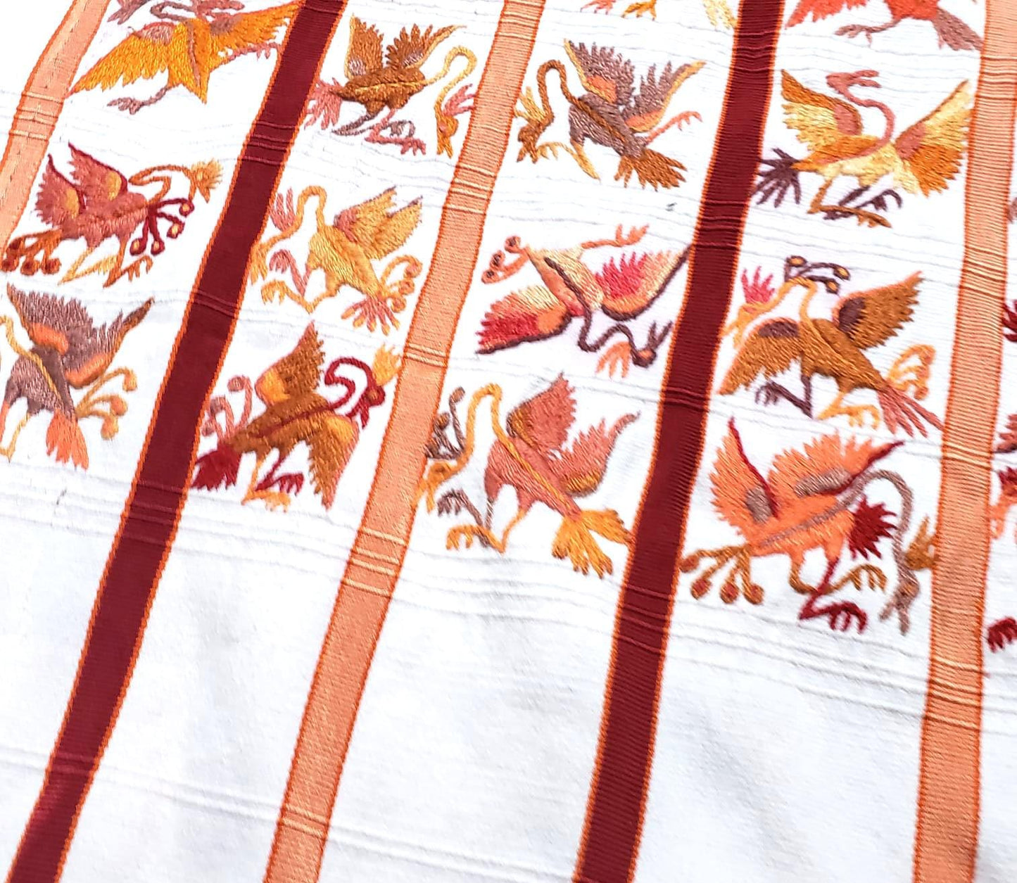 Vintage WHITE Handmade Embroidered BIRDS Santiago Atitlan Huipil Cotton Wall Decor Tapestry