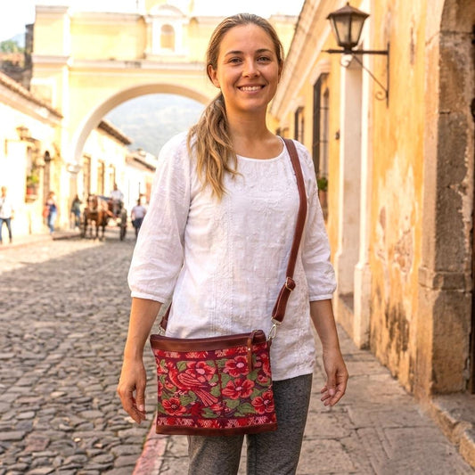 Guatemalan Leather Huipil Crossbody Clutch: Mayan Woven Purse
