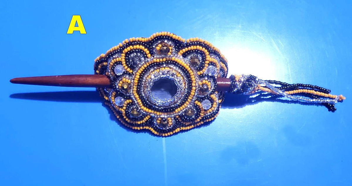 Czech Seed Bead Hair Clip Barrette: Guatemalan Leather & Wood