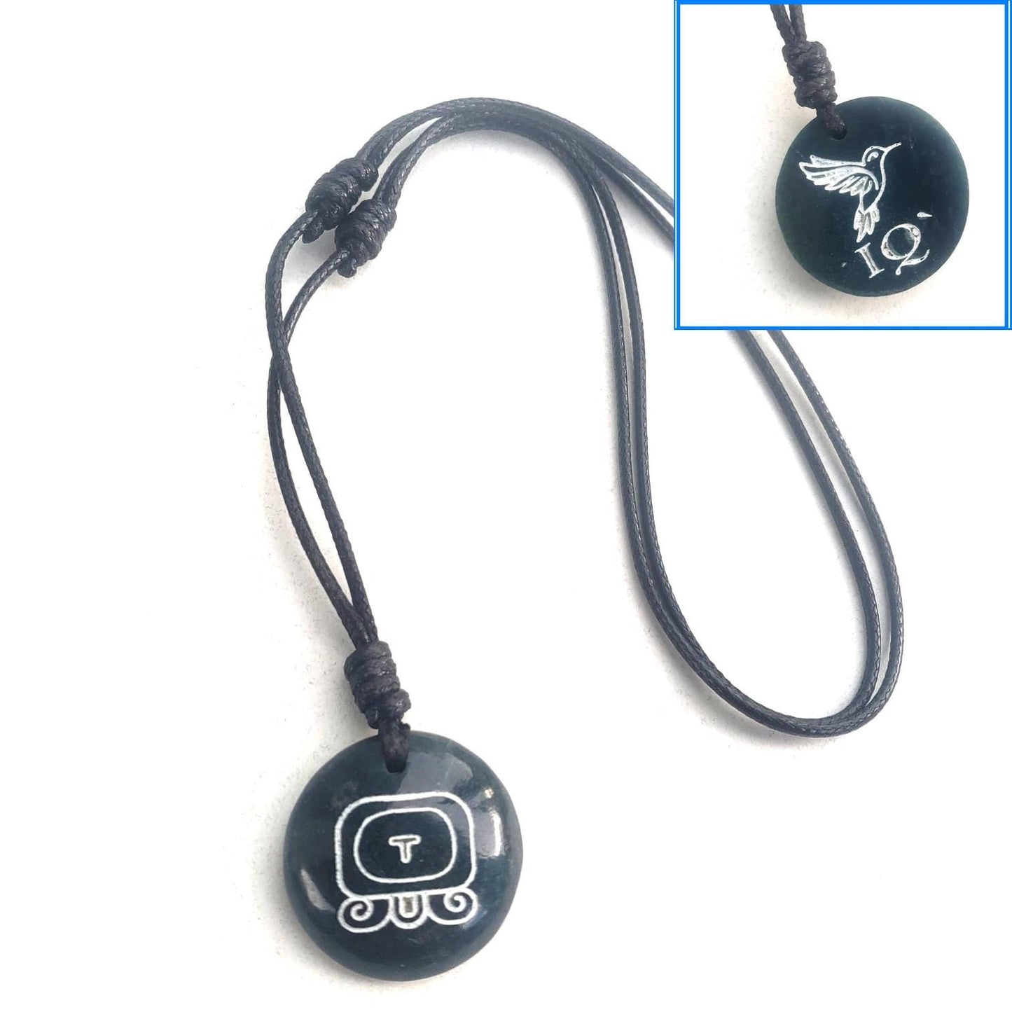 Guatemalan Dark Green Jade Mayan Nahual Pendant Necklace, Adjustable Waxed Cord Spiritual Jewelry