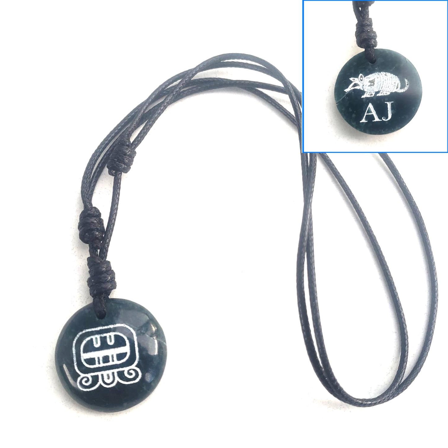 Guatemalan Dark Green Jade Mayan Nahual Pendant Necklace, Adjustable Waxed Cord Spiritual Jewelry