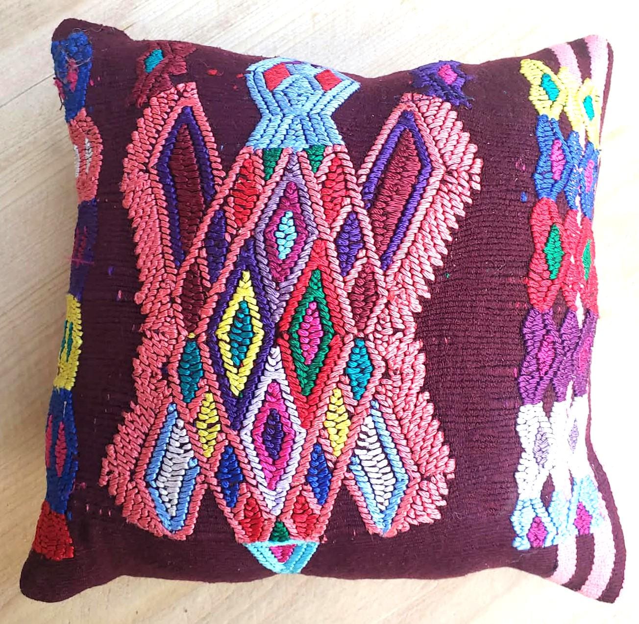 MINI Nebaj Hand Embroidery Pillow, BUTTERFLY Family Embroidery Cushion 8x8, BROWN Pillow Case