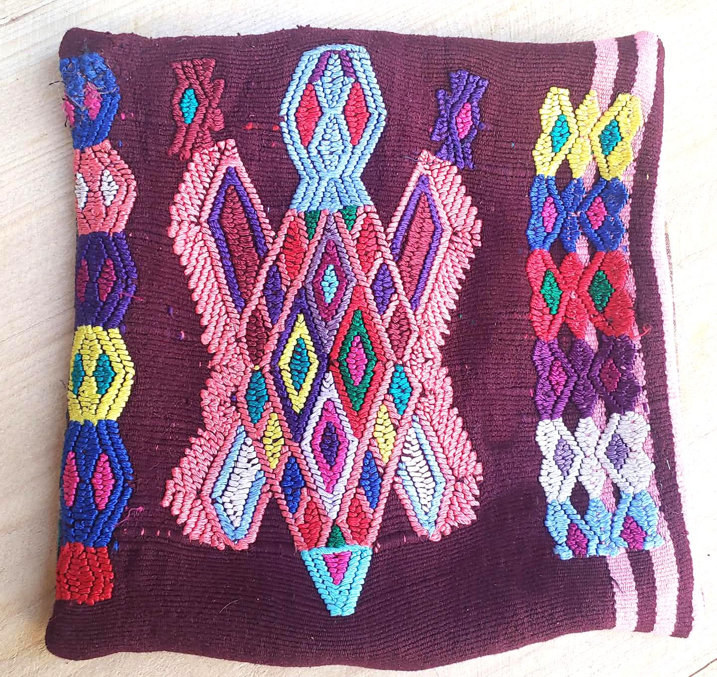 MINI Nebaj Hand Embroidery Pillow, BUTTERFLY Family Embroidery Cushion 8x8, BROWN Pillow Case