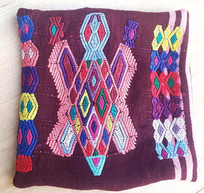 MINI Nebaj Hand Embroidery Pillow, BUTTERFLY Family Embroidery Cushion 8x8, BROWN Pillow Case