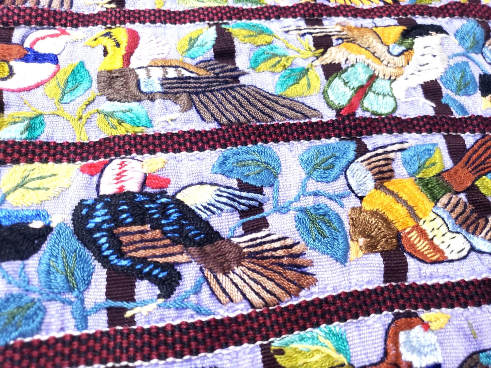 Handmade Purple EMBROIDERED Guatemalan Santiago Atitlan COTTON WALL "Mayan Bird Family" Tapestry