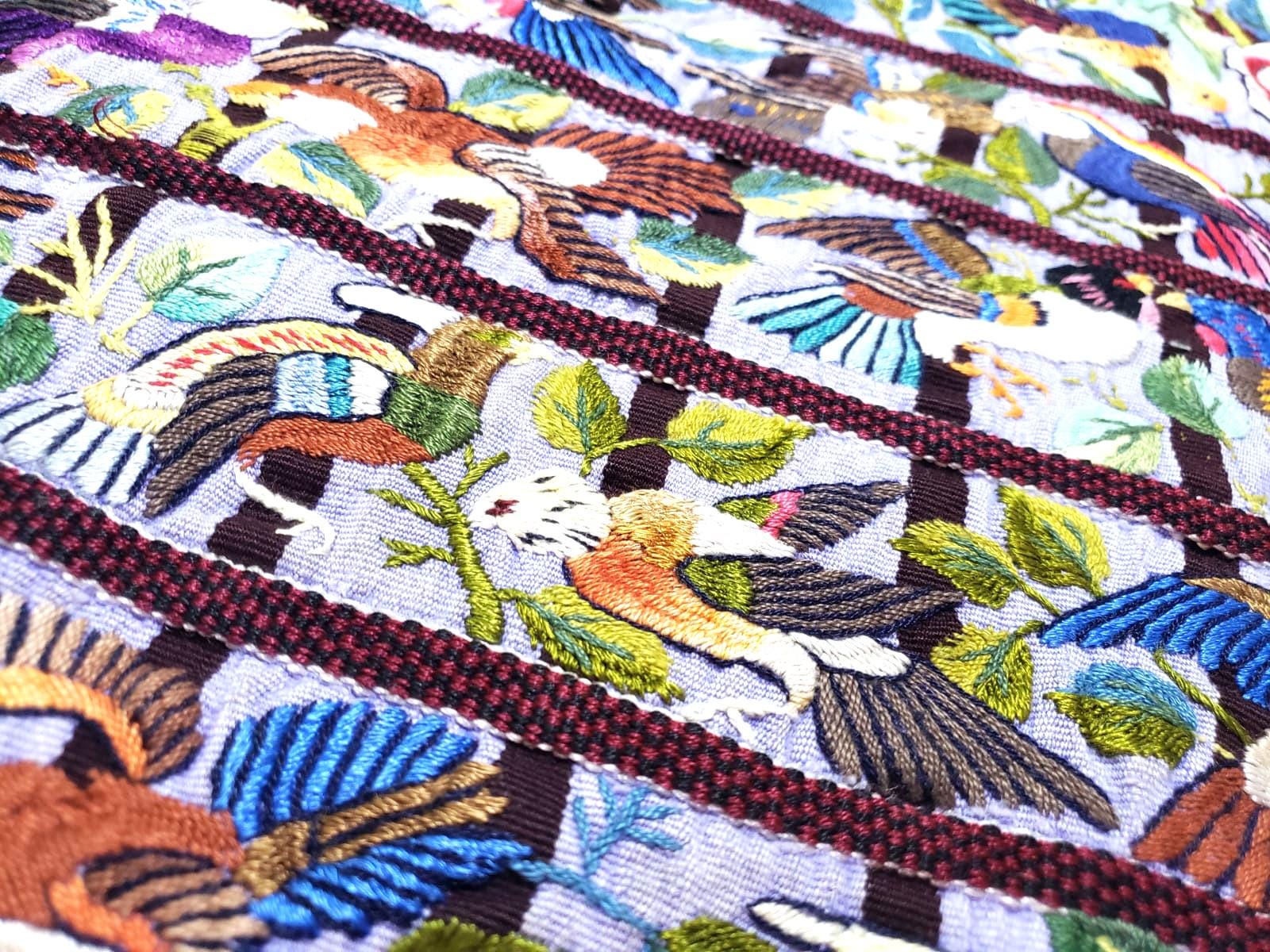 Handmade Purple EMBROIDERED Guatemalan Santiago Atitlan COTTON WALL "Mayan Bird Family" Tapestry