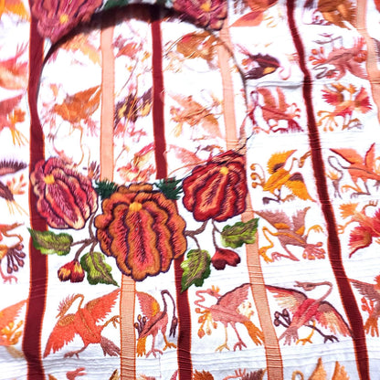 Vintage WHITE Handmade Embroidered BIRDS Santiago Atitlan Huipil Cotton Wall Decor Tapestry