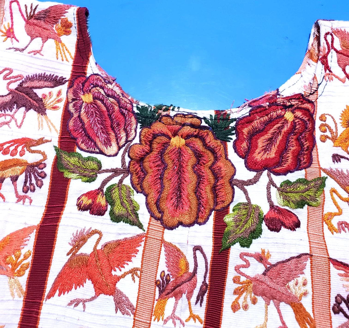 Vintage WHITE Handmade Embroidered BIRDS Santiago Atitlan Huipil Cotton Wall Decor Tapestry