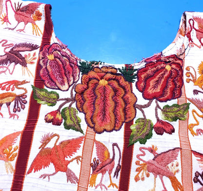 Vintage WHITE Handmade Embroidered BIRDS Santiago Atitlan Huipil Cotton Wall Decor Tapestry
