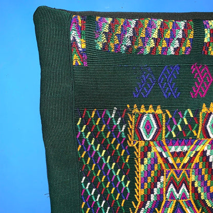 Nebaj Hand Embroidery Pillow, MAYAN Bi-Head EAGLE Weaved Cushion 12x18, Forest GREEN Pillow Case