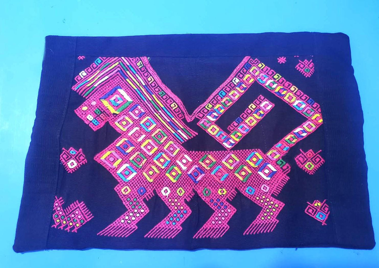 Nahuala Hand Embroidery Pillow, MAYAN LION Weaved Cushion 12x18, BLACK Pillow Case