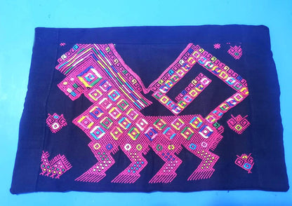 Nahuala Hand Embroidery Pillow, MAYAN LION Weaved Cushion 12x18, BLACK Pillow Case