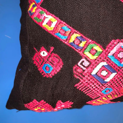 Nahuala Hand Embroidery Pillow, MAYAN LION Weaved Cushion 12x18, BLACK Pillow Case