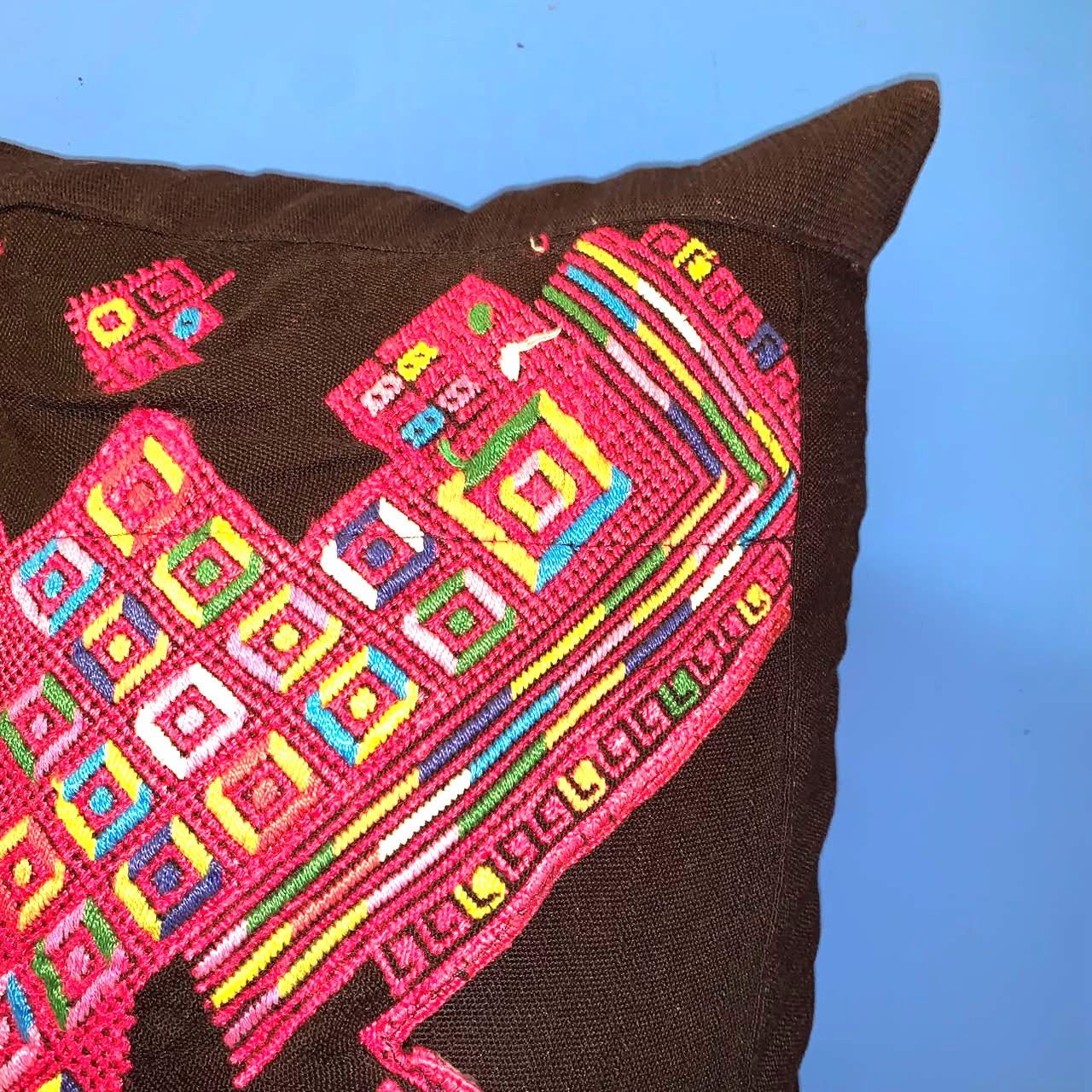 Nahuala Hand Embroidery Pillow, MAYAN LION Weaved Cushion 12x18, BLACK Pillow Case