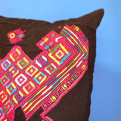 Nahuala Hand Embroidery Pillow, MAYAN LION Weaved Cushion 12x18, BLACK Pillow Case