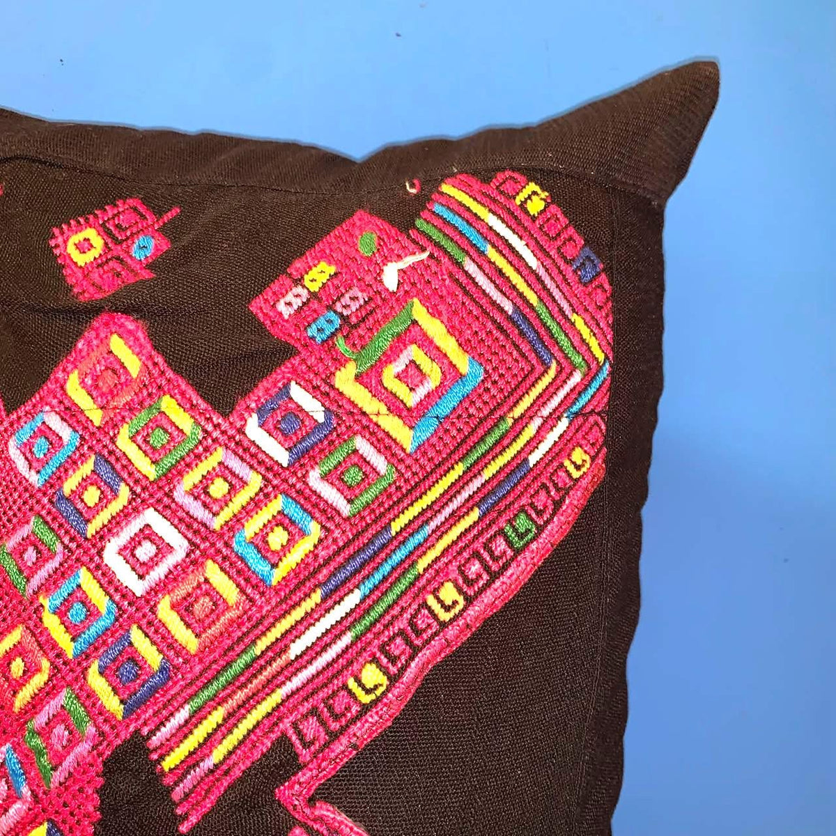 Nahuala Hand Embroidery Pillow, MAYAN LION Weaved Cushion 12x18, BLACK Pillow Case