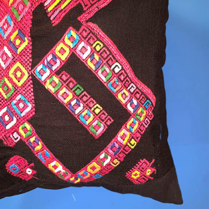 Nahuala Hand Embroidery Pillow, MAYAN LION Weaved Cushion 12x18, BLACK Pillow Case